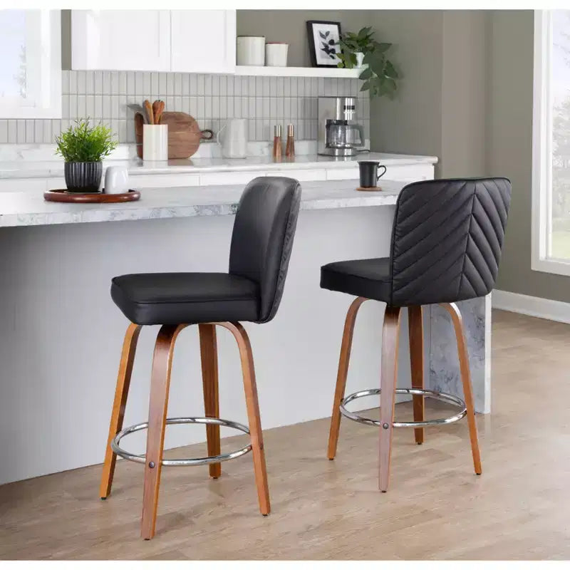 LumiSource Set of 2 Henry Counter Height Barstools Walnut Wood/Black PU