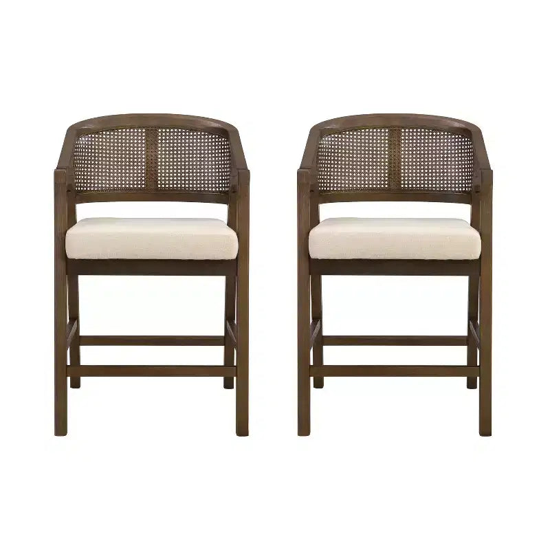 Christopher Knight Home Set of 2 Austin Rubberwood Upholstered with Cane Design Curved Back Counter Height Barstools Walnut/Beige