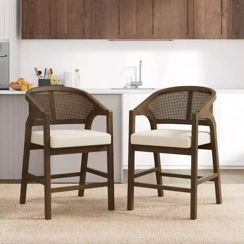 Christopher Knight Home Set of 2 Austin Rubberwood Upholstered with Cane Design Curved Back Counter Height Barstools Walnut/Beige
