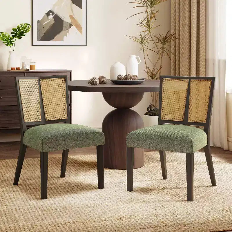Christopher Knight Home Set of 2 Genesis Rubberwood Upholstered Dining Chairs with Cane Webbing Green/Dark Brown
