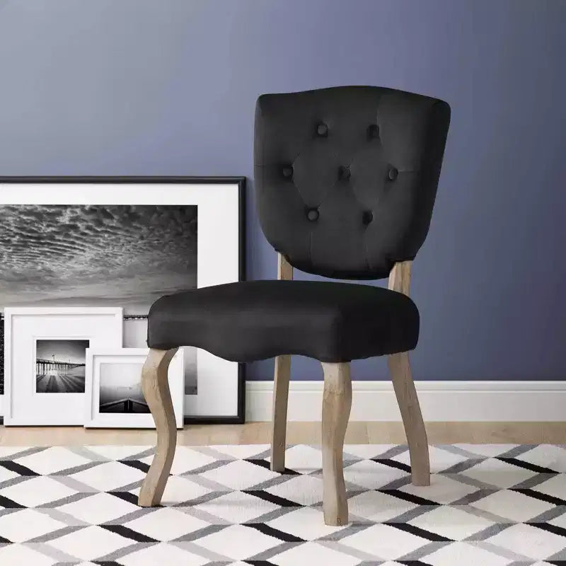 Array Vintage French Dining Side Chair Black - Modway: Velvet Upholstered, Weathered Wood Legs, Shield Back with Button Tufting