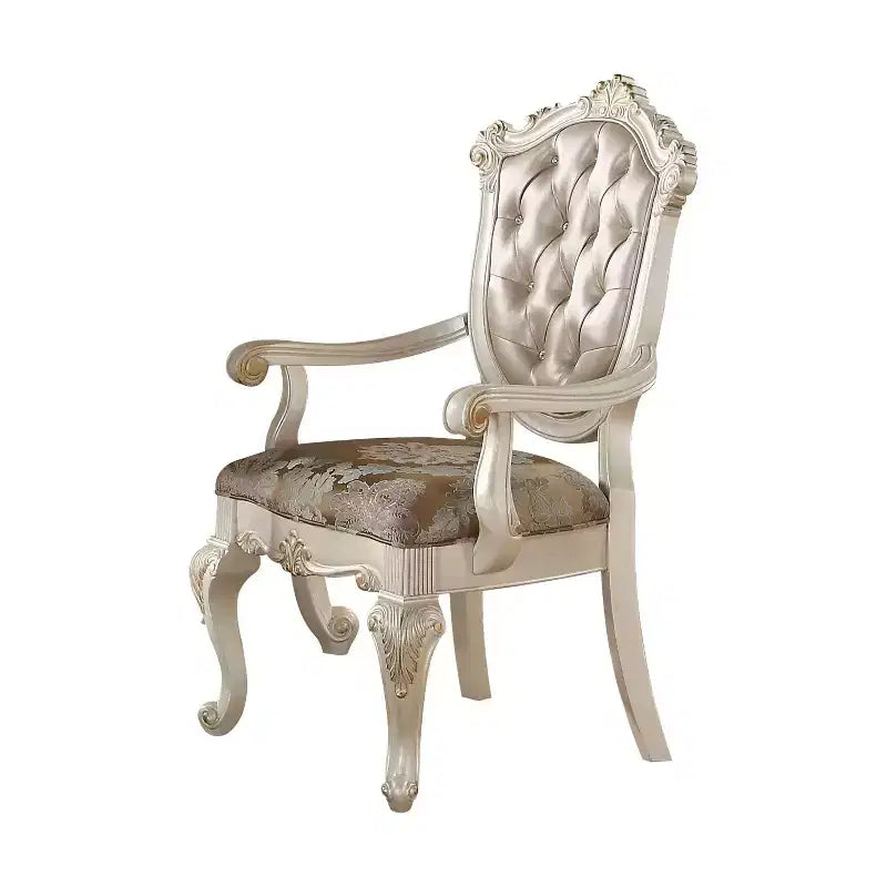 Set of 2 Chantelle Arm Dining Chair Pearl White/Rose Gold - Acme Furniture: Mirror Trim, Faux Leather, Poplar Wood
