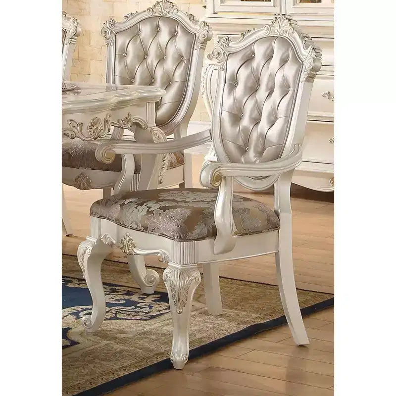 Set of 2 Chantelle Arm Dining Chair Pearl White/Rose Gold - Acme Furniture: Mirror Trim, Faux Leather, Poplar Wood