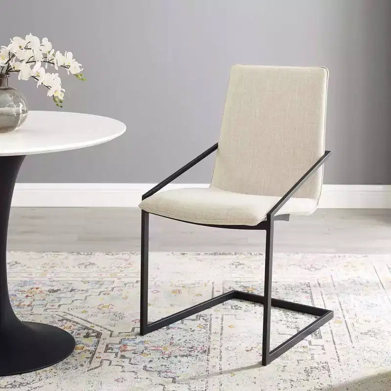 Pitch Upholstered Fabric Dining Armchair Black/Beige - Modway: Matte Black Frame, Foam Padded Seat