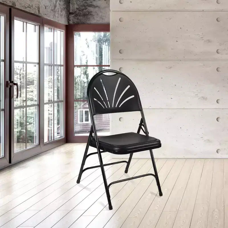 Set of 4 Deluxe Fan Back with Triple Brace Folding Chairs Black - Hampden Furnishings