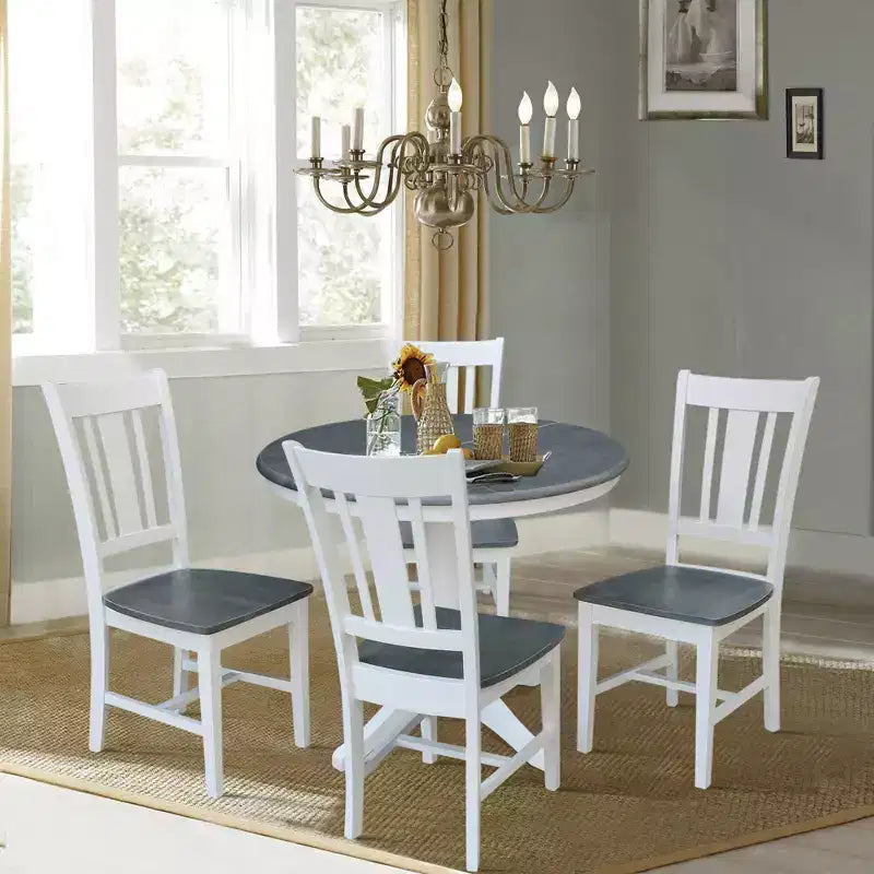 International Concepts 36" Valerie Round Extendable Dining Table with 4 Chairs White/Heather Gray: Mid-Century Modern 5-Piece Set