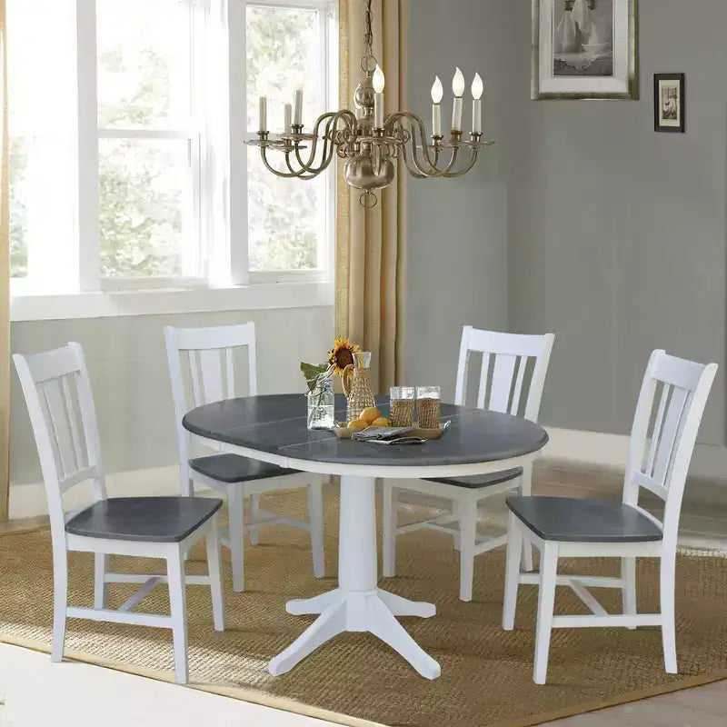 International Concepts 36" Valerie Round Extendable Dining Table with 4 Chairs White/Heather Gray: Mid-Century Modern 5-Piece Set