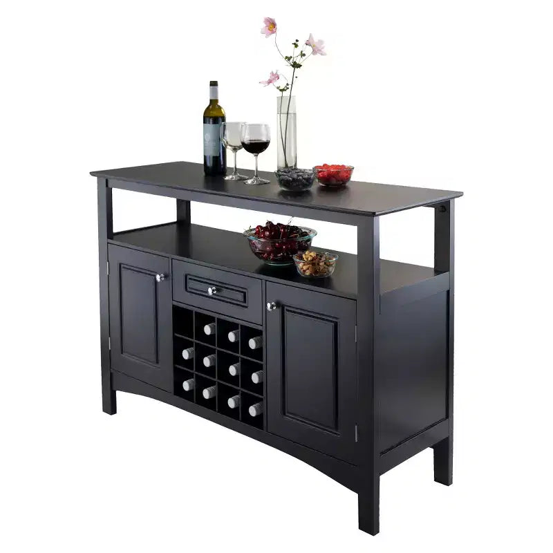 Winsome Jasper Buffet Wood/Black : Modern Credenza Console, 2 Fixed Shelves, 1 Drawer, Holds 12 Bottles