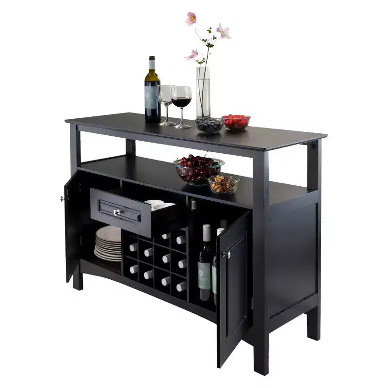 Winsome Jasper Buffet Wood/Black : Modern Credenza Console, 2 Fixed Shelves, 1 Drawer, Holds 12 Bottles