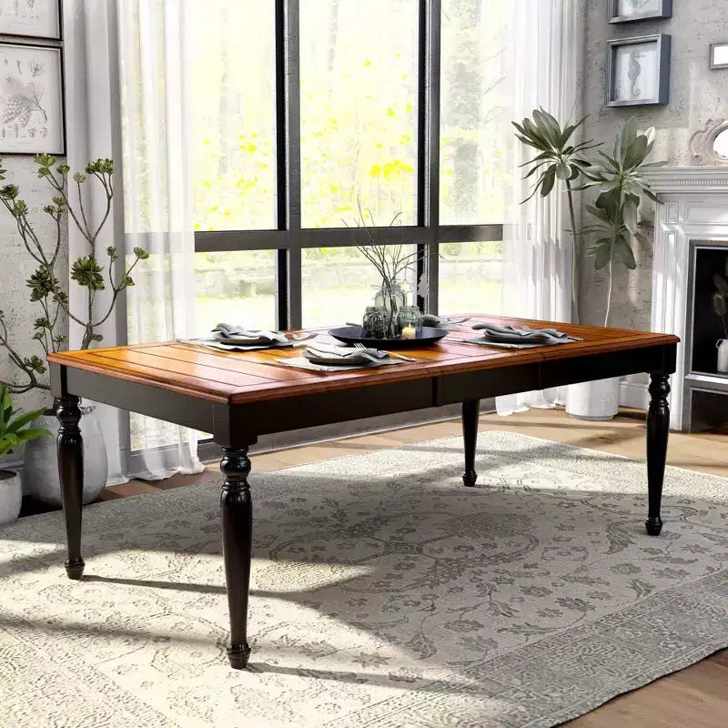 HOMES: Inside + Out Jameson Country Style Extendable Dining Table Black/Oak: Seats 8, Turned Leg