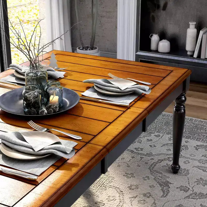 HOMES: Inside + Out Jameson Country Style Extendable Dining Table Black/Oak: Seats 8, Turned Leg