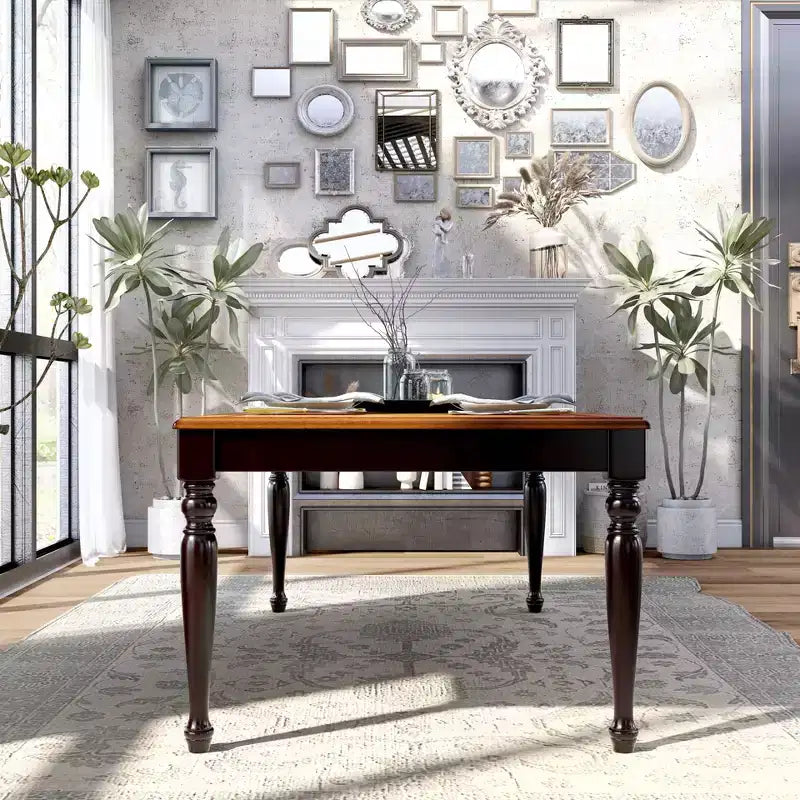 HOMES: Inside + Out Jameson Country Style Extendable Dining Table Black/Oak: Seats 8, Turned Leg