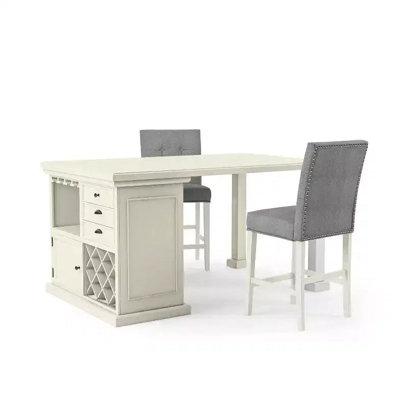 HOMES: Inside + Out 3pc Pritzker Counter Height Dining Set Antique White: Upholstered Chairs, Storage Base