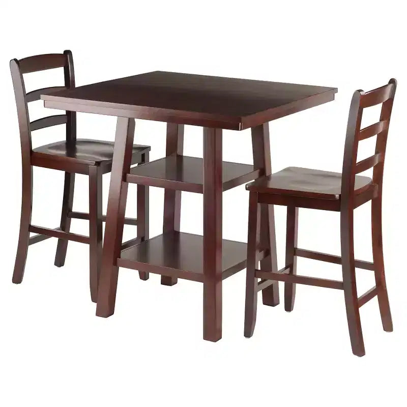 3pc Orlando with 2 Shelves Counter Height Dining Set Wood/Walnut - Winsome: Breakfast Table, High Top Design