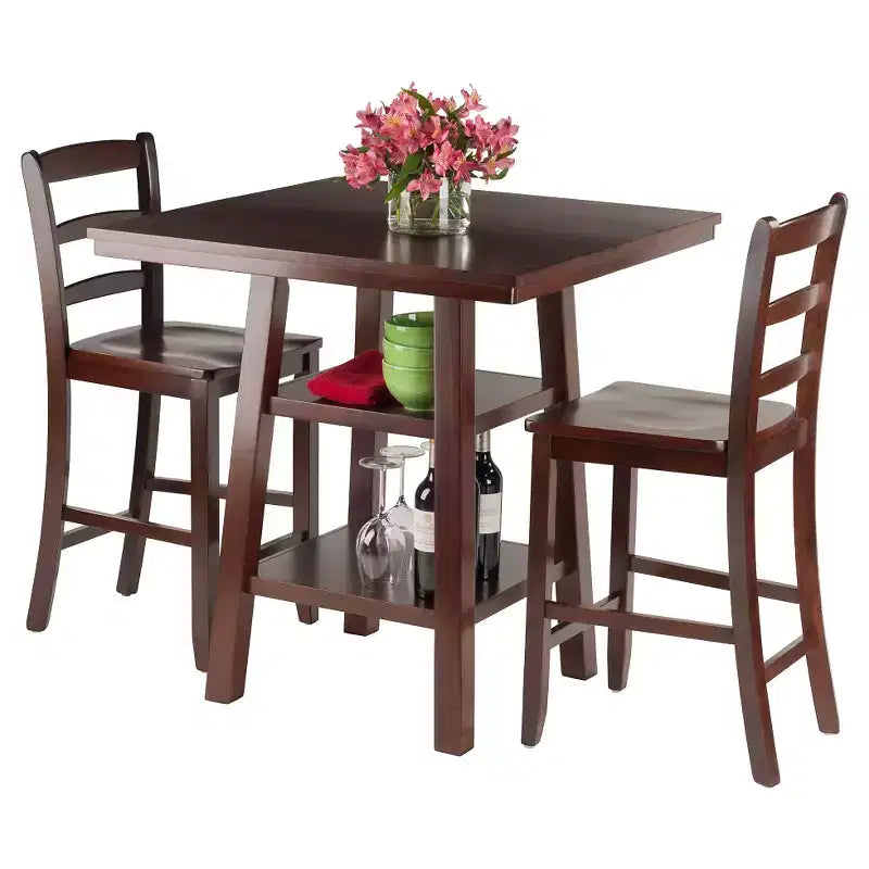 3pc Orlando with 2 Shelves Counter Height Dining Set Wood/Walnut - Winsome: Breakfast Table, High Top Design