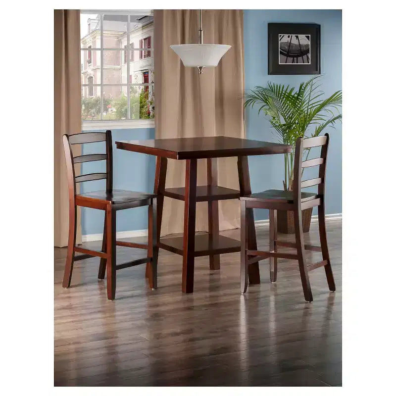 3pc Orlando with 2 Shelves Counter Height Dining Set Wood/Walnut - Winsome: Breakfast Table, High Top Design