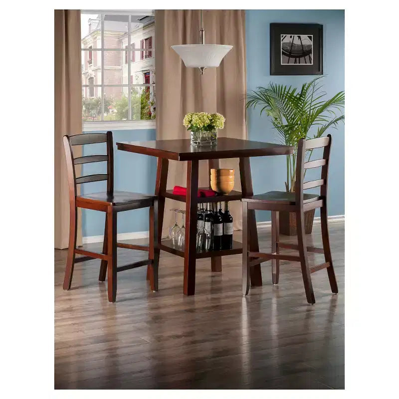 3pc Orlando with 2 Shelves Counter Height Dining Set Wood/Walnut - Winsome: Breakfast Table, High Top Design