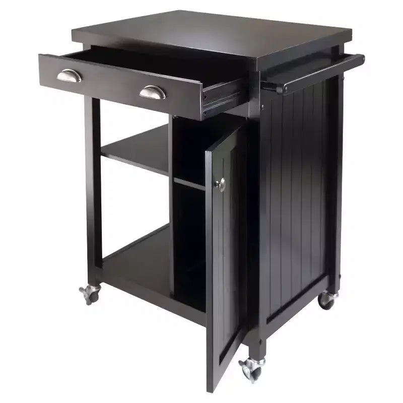 Winsome Timber Kitchen Cart with Wainscoting Panel Wood/Black: Rolling Island, 5 Shelves, 1 Drawer, Storage