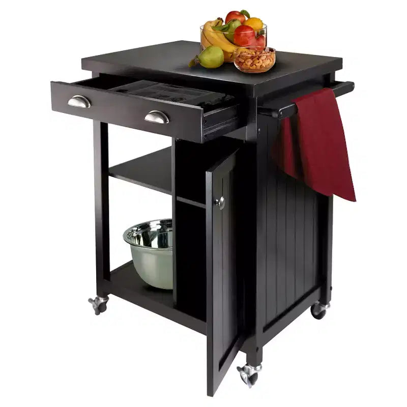Winsome Timber Kitchen Cart with Wainscoting Panel Wood/Black: Rolling Island, 5 Shelves, 1 Drawer, Storage