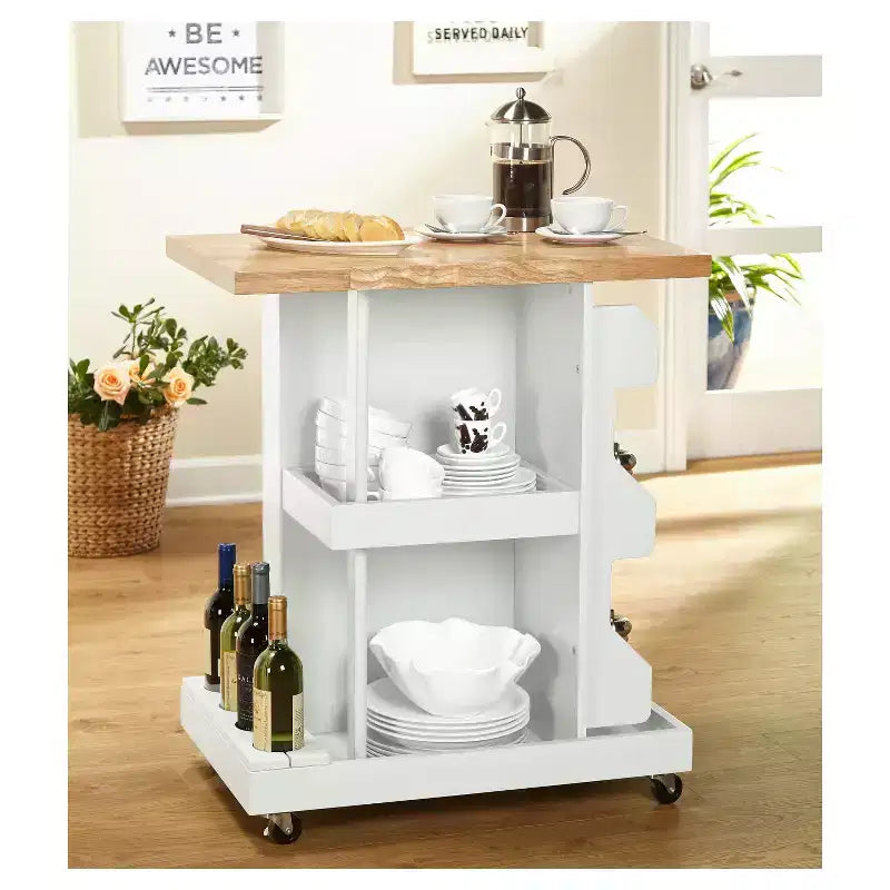 Buylateral Hampton Kitchen Cart White: Rubberwood Top, Modern Design, Space Saver, Stemware Rack