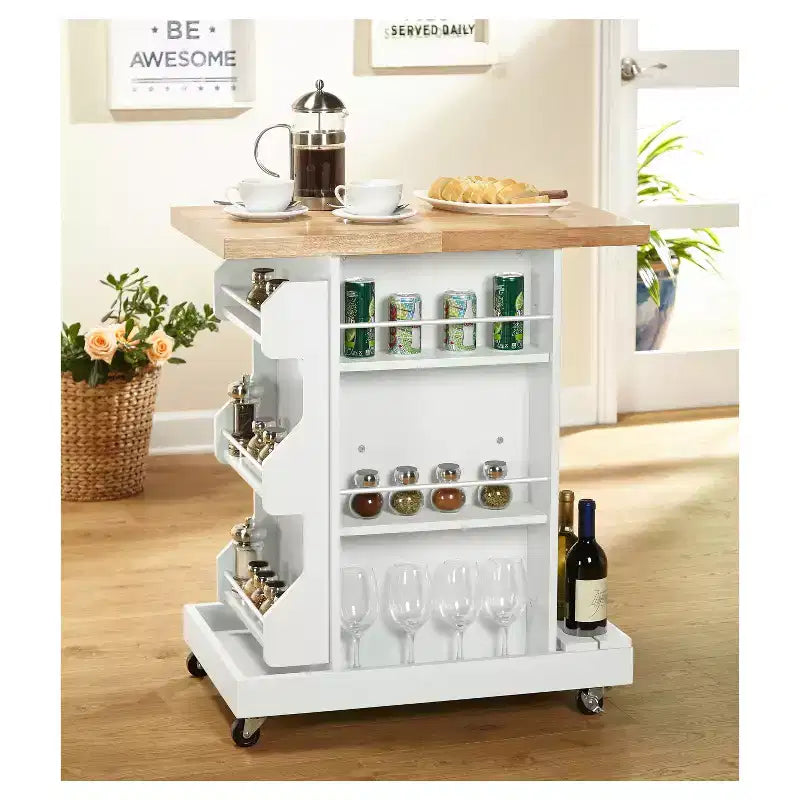 Buylateral Hampton Kitchen Cart White: Rubberwood Top, Modern Design, Space Saver, Stemware Rack
