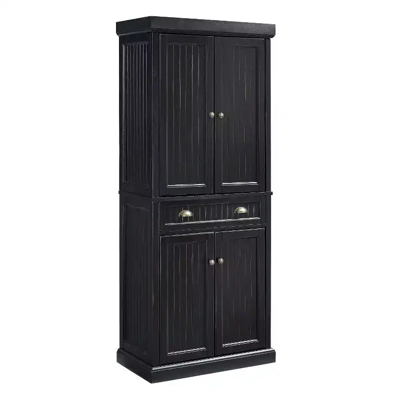 Crosley Seaside Kitchen Pantry Distressed Black: Traditional Style, 4-Door Hutch, 6 Shelves, Wood Veneer