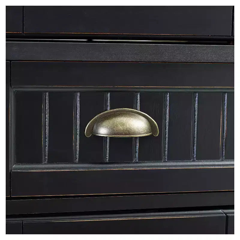 Crosley Seaside Kitchen Pantry Distressed Black: Traditional Style, 4-Door Hutch, 6 Shelves, Wood Veneer