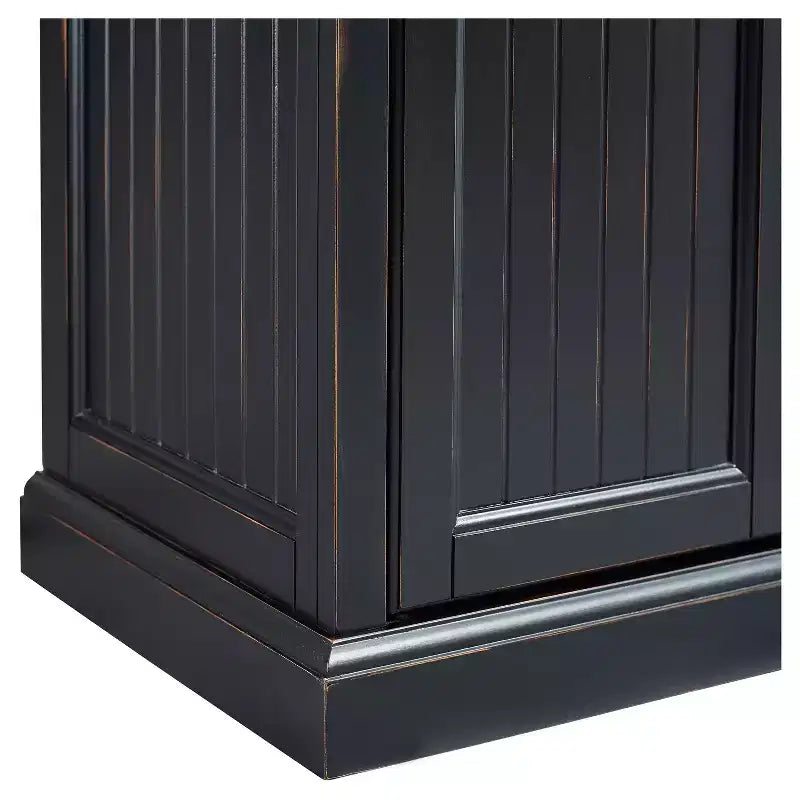 Crosley Seaside Kitchen Pantry Distressed Black: Traditional Style, 4-Door Hutch, 6 Shelves, Wood Veneer