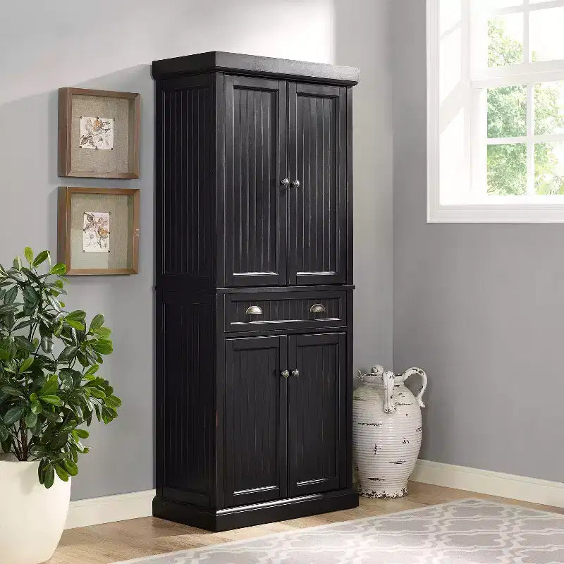 Crosley Seaside Kitchen Pantry Distressed Black: Traditional Style, 4-Door Hutch, 6 Shelves, Wood Veneer