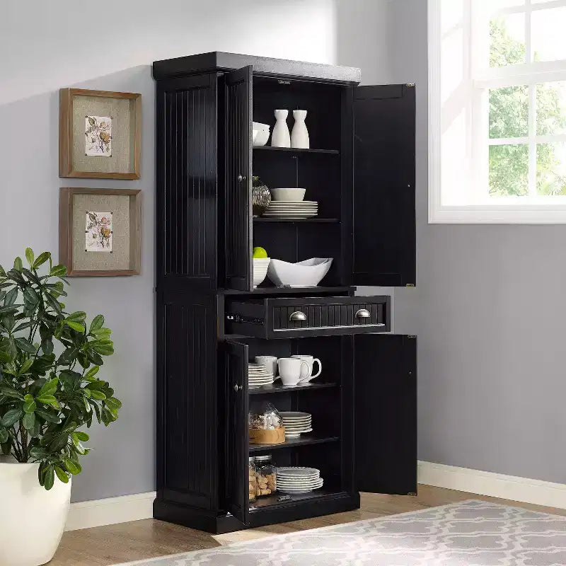 Crosley Seaside Kitchen Pantry Distressed Black: Traditional Style, 4-Door Hutch, 6 Shelves, Wood Veneer