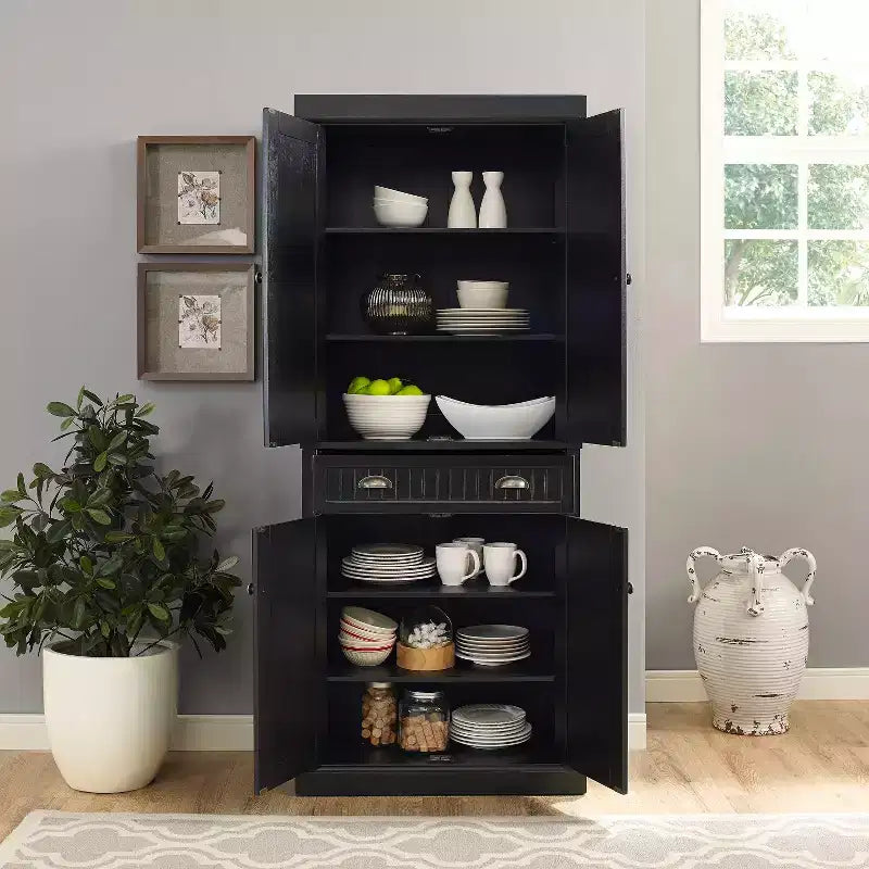 Crosley Seaside Kitchen Pantry Distressed Black: Traditional Style, 4-Door Hutch, 6 Shelves, Wood Veneer