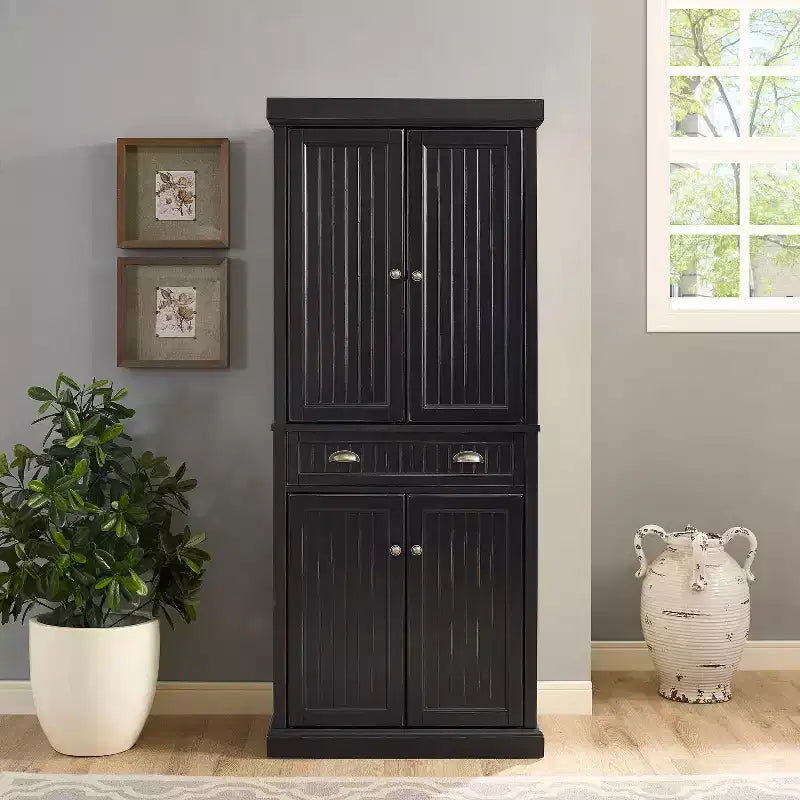 Crosley Seaside Kitchen Pantry Distressed Black: Traditional Style, 4-Door Hutch, 6 Shelves, Wood Veneer