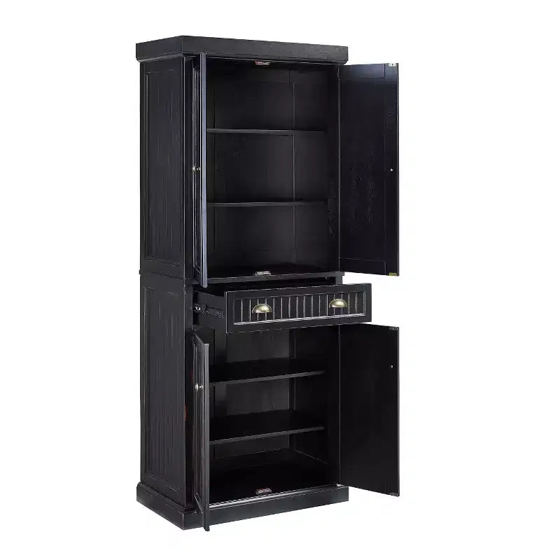 Crosley Seaside Kitchen Pantry Distressed Black: Traditional Style, 4-Door Hutch, 6 Shelves, Wood Veneer