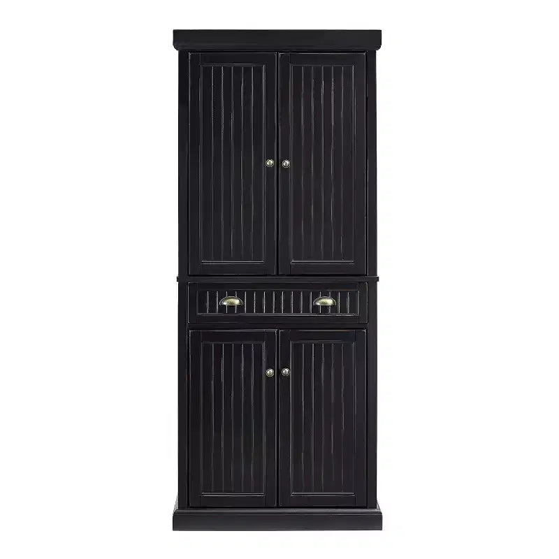 Crosley Seaside Kitchen Pantry Distressed Black: Traditional Style, 4-Door Hutch, 6 Shelves, Wood Veneer