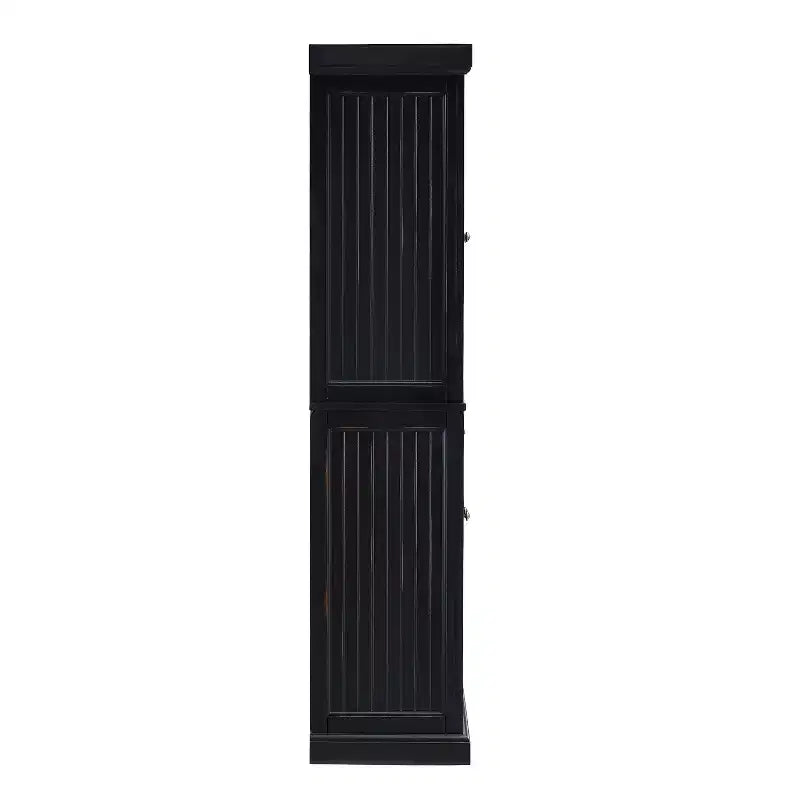 Crosley Seaside Kitchen Pantry Distressed Black: Traditional Style, 4-Door Hutch, 6 Shelves, Wood Veneer
