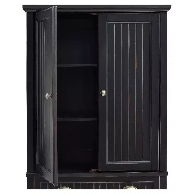 Crosley Seaside Kitchen Pantry Distressed Black: Traditional Style, 4-Door Hutch, 6 Shelves, Wood Veneer
