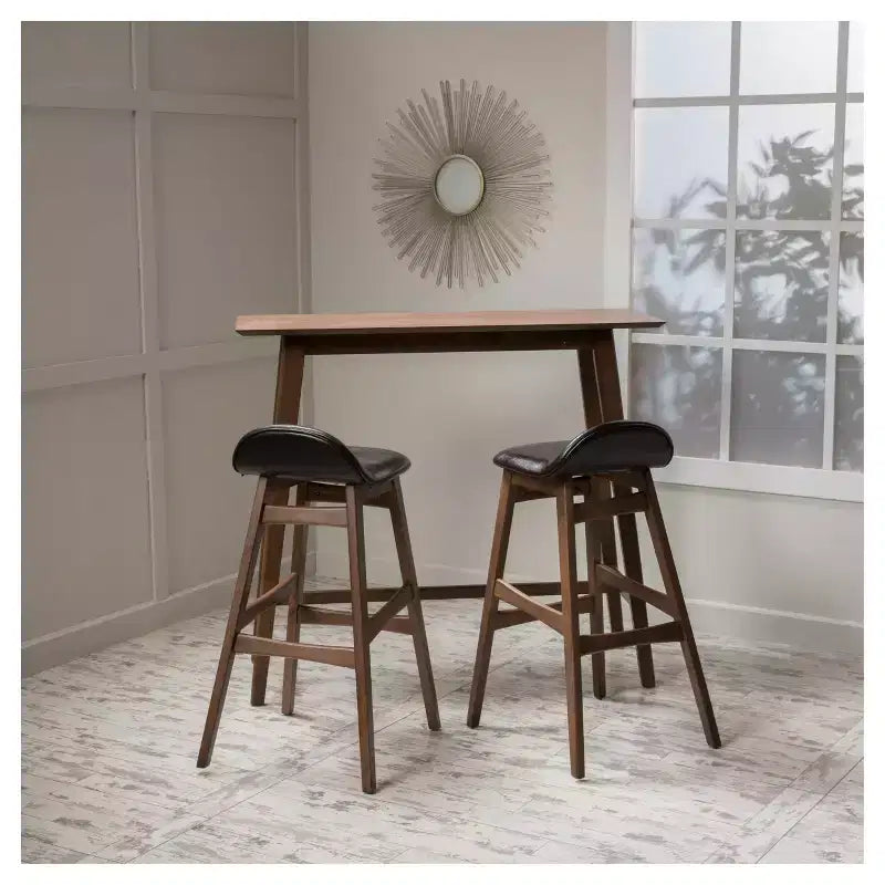 Christopher Knight Home 3pc Moria 42" Bar Height Dining Set Natural Walnut: Scandinavian Style, Faux Leather Stools