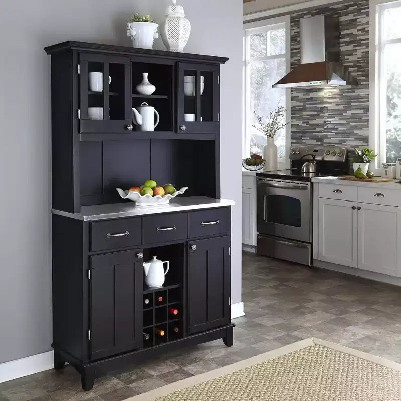 72.25" Sideboard Buffet Servers with Stainless Top and Hutch Black - Home Styles