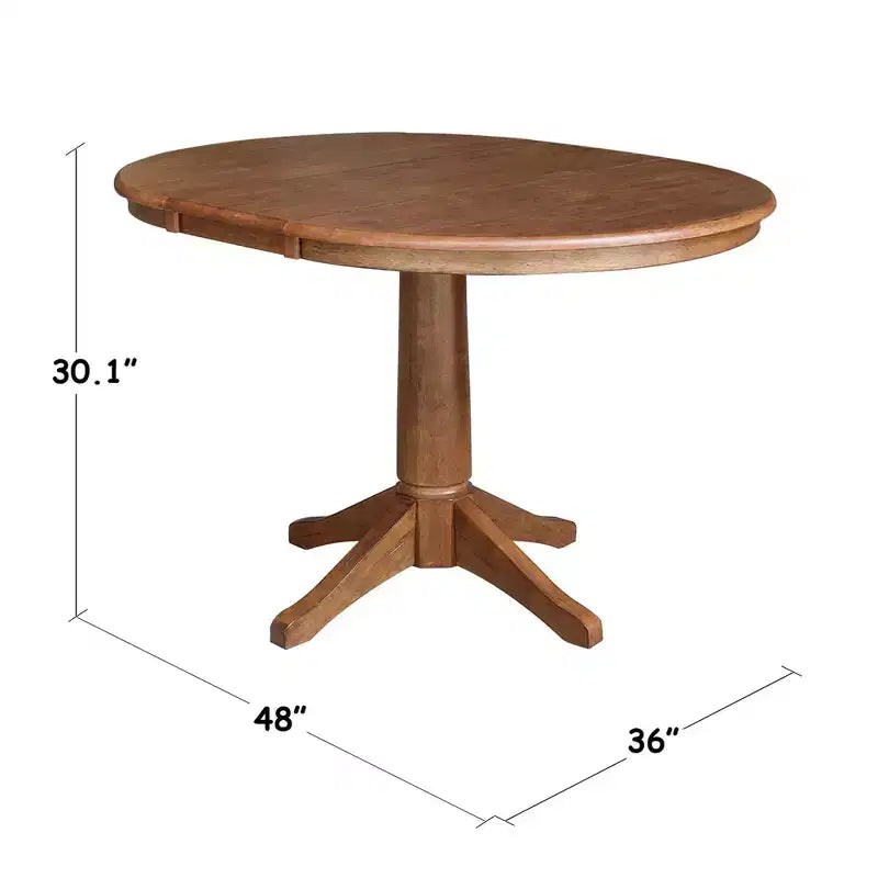 30.1" Lillian Round Top Pedestal Extendable Dining Table with 12" Drop Leaf Distressed Oak - International Concepts: Solid Wood, Mid-Century