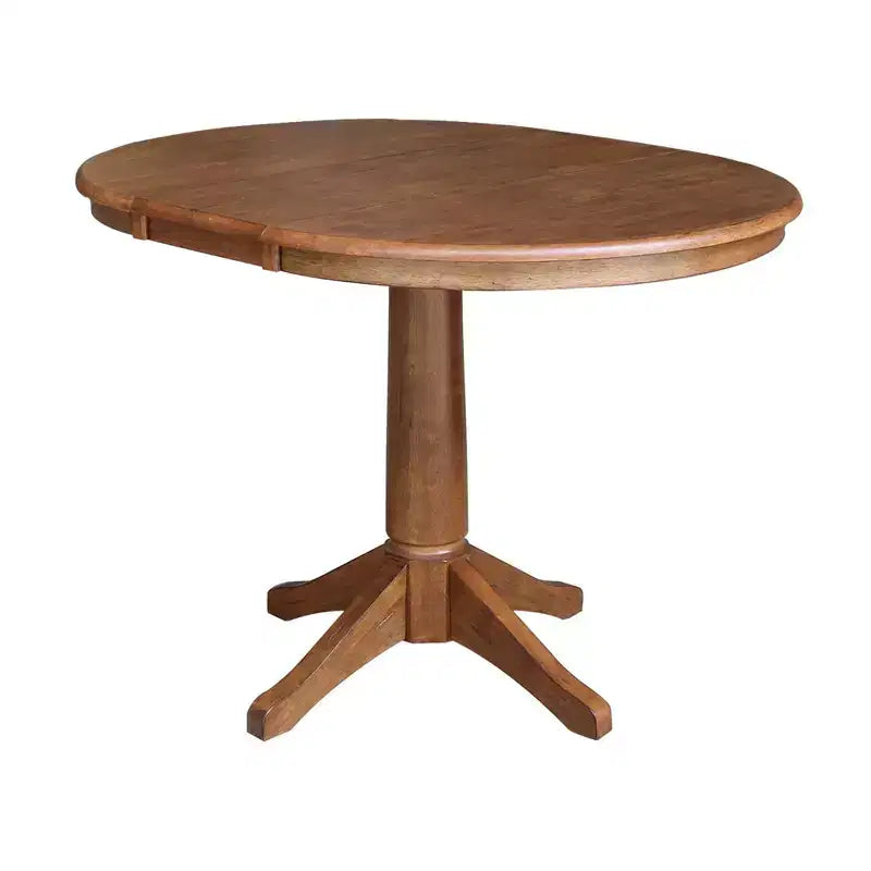 30.1" Lillian Round Top Pedestal Extendable Dining Table with 12" Drop Leaf Distressed Oak - International Concepts: Solid Wood, Mid-Century