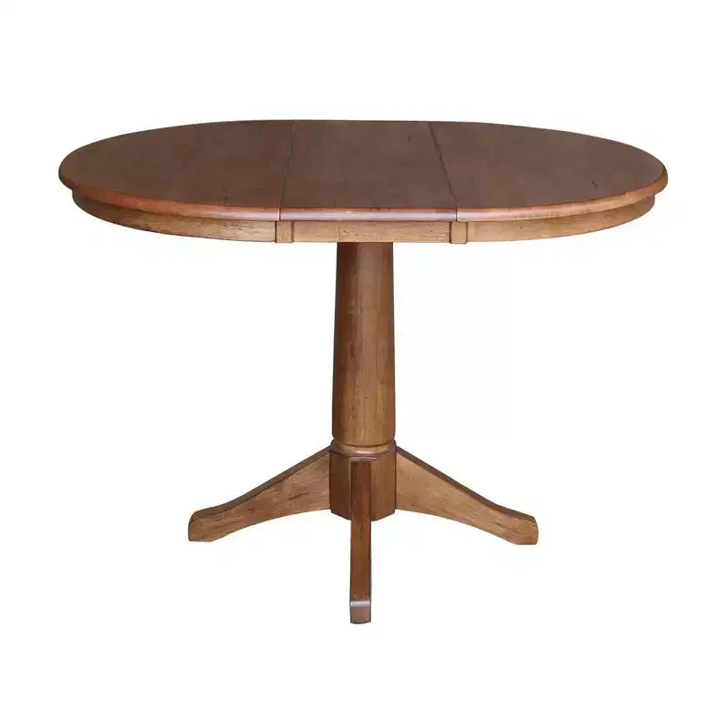 30.1" Lillian Round Top Pedestal Extendable Dining Table with 12" Drop Leaf Distressed Oak - International Concepts: Solid Wood, Mid-Century