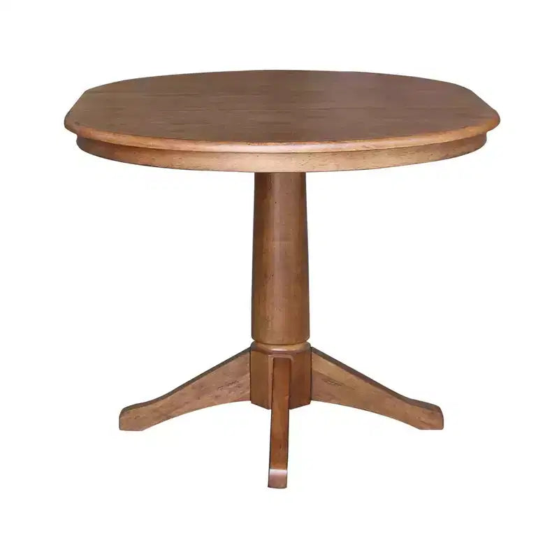30.1" Lillian Round Top Pedestal Extendable Dining Table with 12" Drop Leaf Distressed Oak - International Concepts: Solid Wood, Mid-Century