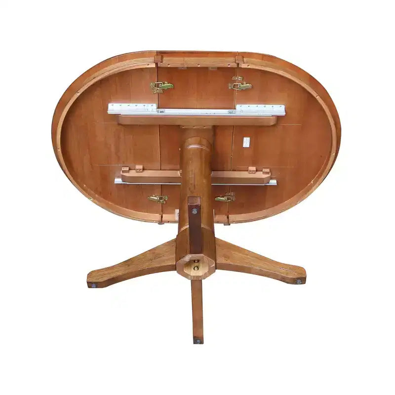 30.1" Lillian Round Top Pedestal Extendable Dining Table with 12" Drop Leaf Distressed Oak - International Concepts: Solid Wood, Mid-Century