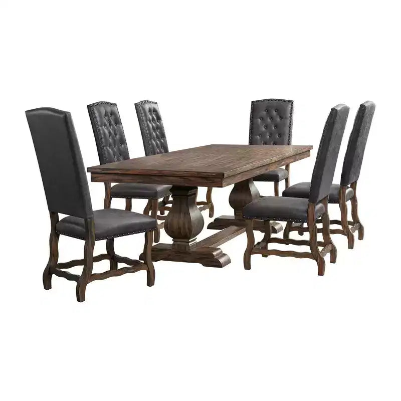 7pc Hayward Extendable Dining Table Set with 6 Tufted Tall Back ChairsWalnut - Picket House Furnishings: Elegant Double Pedestal Base