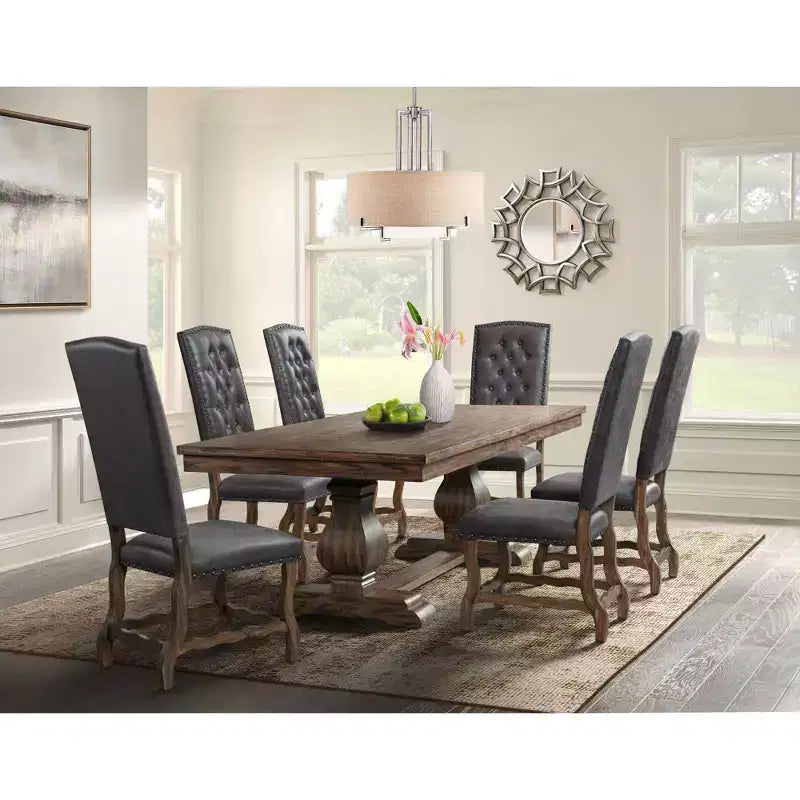 7pc Hayward Extendable Dining Table Set with 6 Tufted Tall Back ChairsWalnut - Picket House Furnishings: Elegant Double Pedestal Base