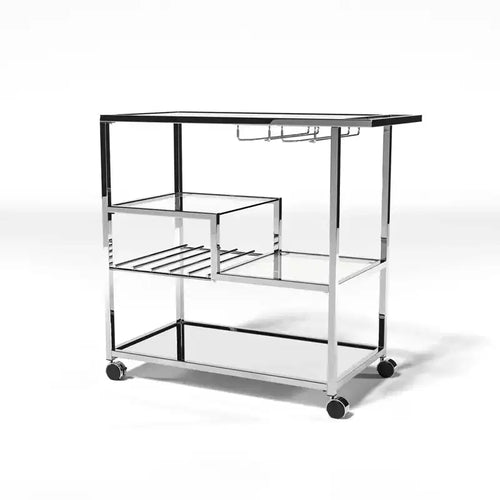 24/7 Shop At Home Kayla Cart Chrome: Tempered Glass Shelves, Wine & Stemware Racks, Rolling Design