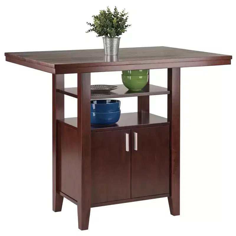 Albany High Table with Cabinet Walnut - Winsome: Kitchen Counter with Shelves, 4-Point Leg