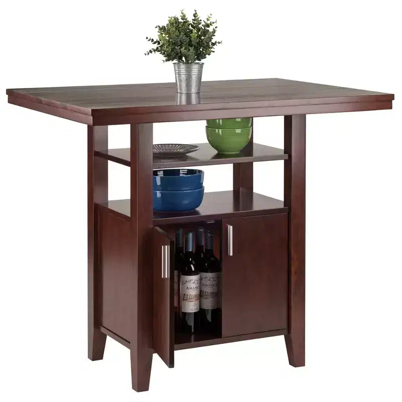 Albany High Table with Cabinet Walnut - Winsome: Kitchen Counter with Shelves, 4-Point Leg