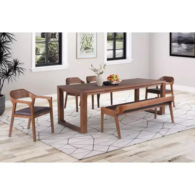 Boraam 6pc Rasmus Extendable Dining Table Set Chestnut Wire-Brush: Modern Style, Faux Leather Bench & Chairs