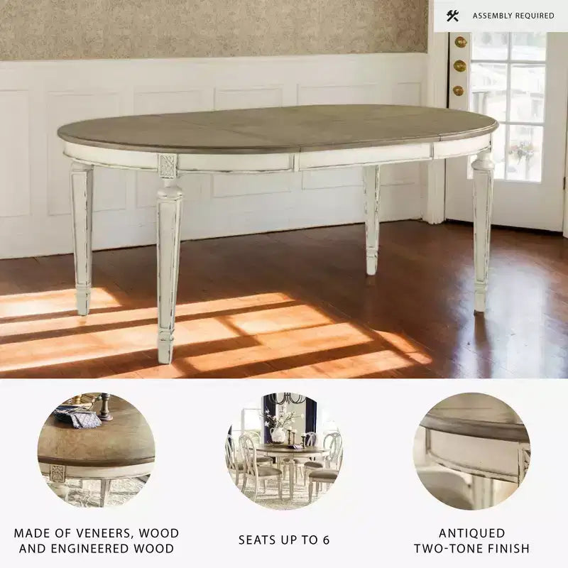 Realyn Oval Extendable Dining Table Chipped - Signature Design by Ashley: Two-Tone Farmhouse Style, Seats 6, Removable Leaf